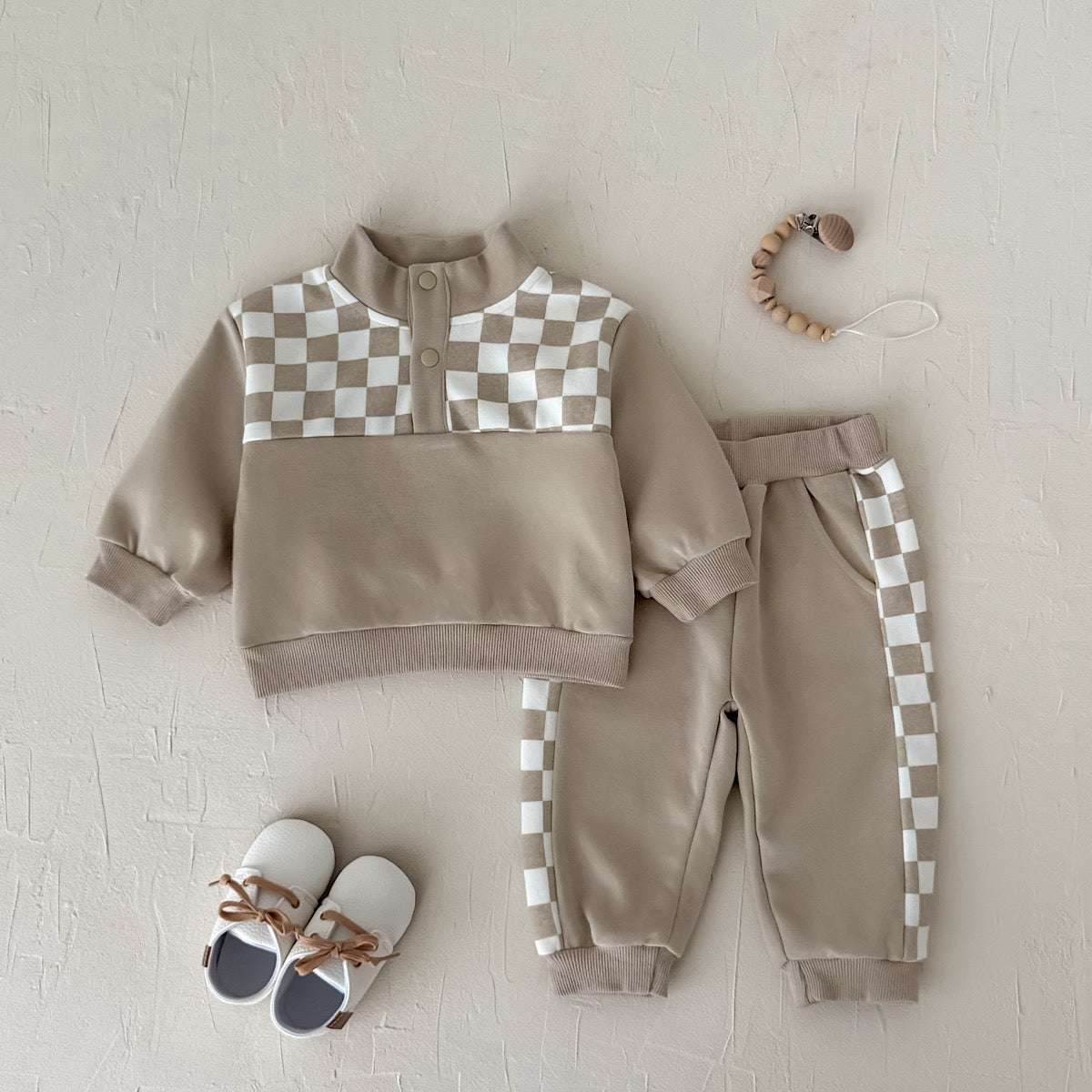 Stand Collar Plaid Printed Sweatshirt Set for Baby Boys, Spring Autumn