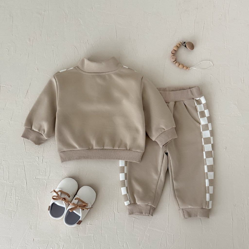 Stand Collar Plaid Printed Sweatshirt Set for Baby Boys, Spring Autumn