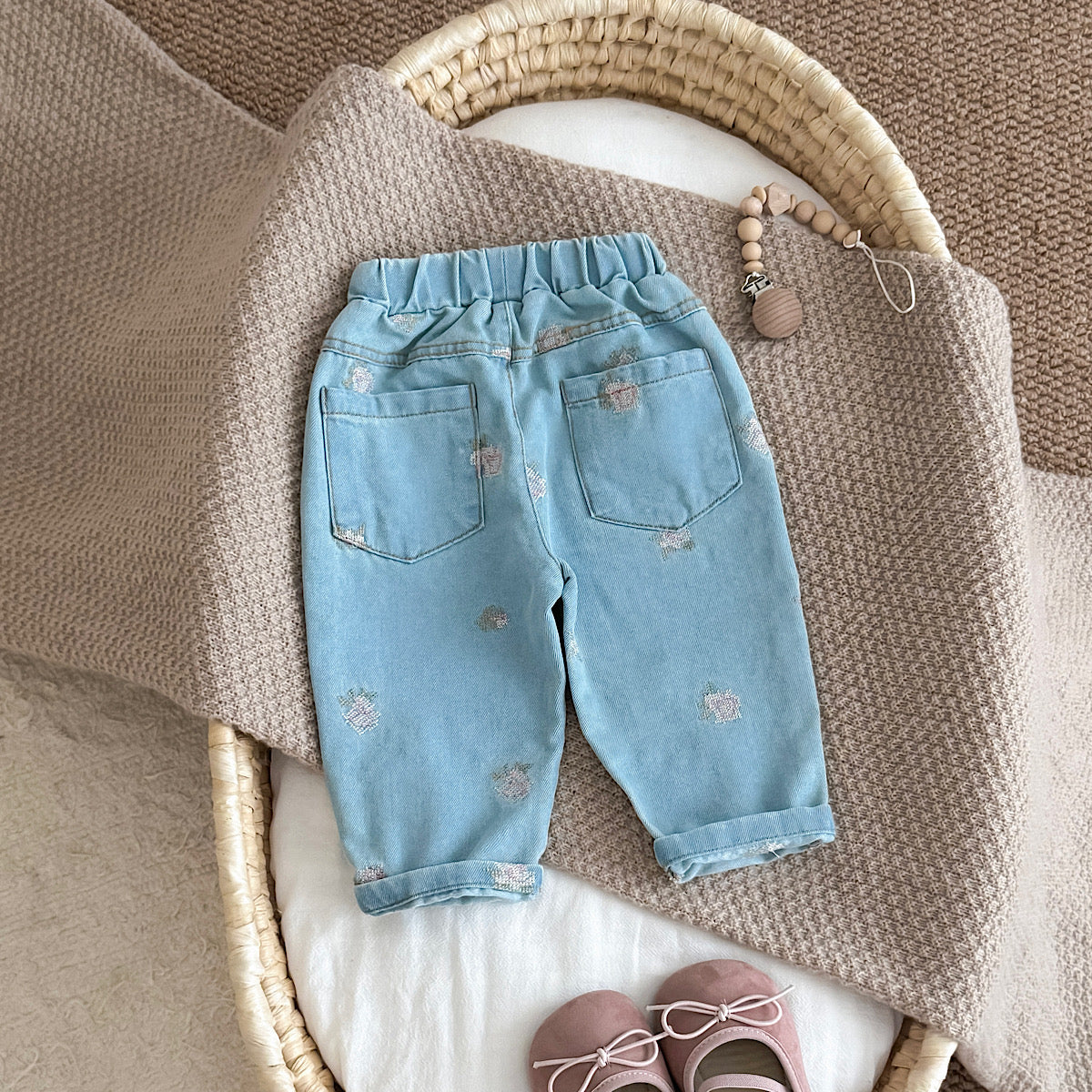 Baby Floral Embroidered Soft Denim Pants