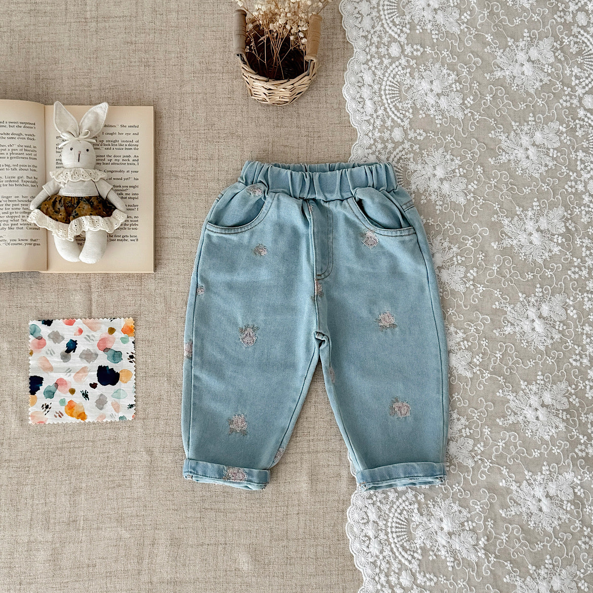 Baby Floral Embroidered Soft Denim Pants