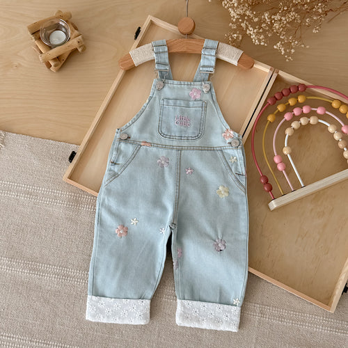 Baby Girl Denim Overalls Floral Embroidery Lace Cuff Hem
