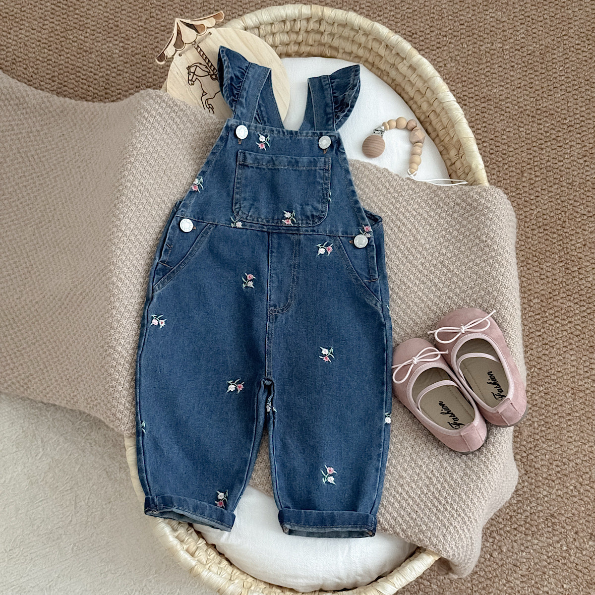 Toddler Girl Floral Embroidered Ruffle Denim Overalls