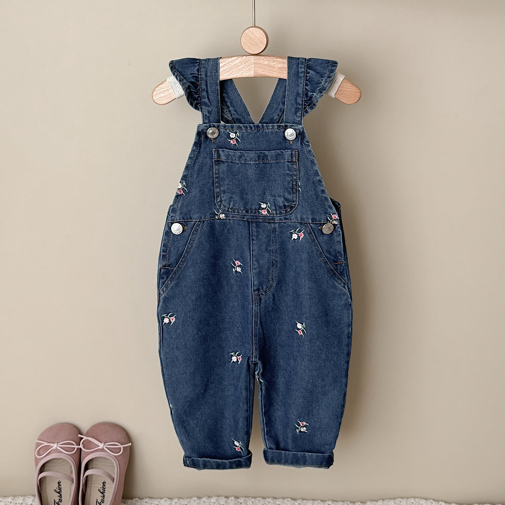 Toddler Girl Floral Embroidered Ruffle Denim Overalls