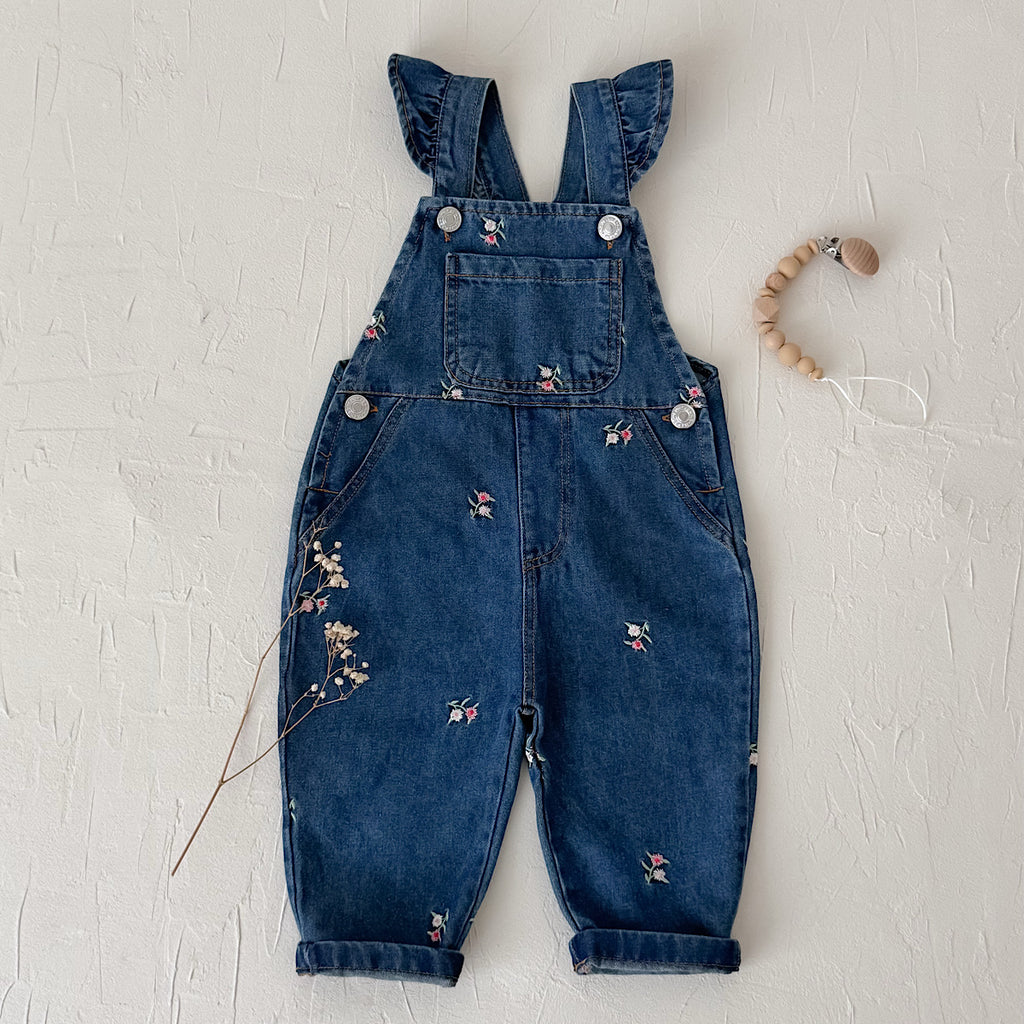 Toddler Girl Floral Embroidered Ruffle Denim Overalls