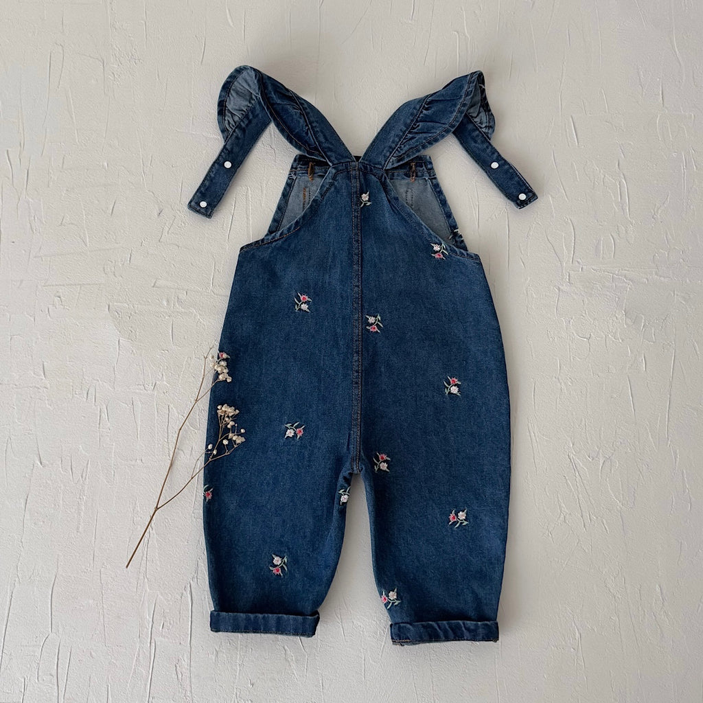 Toddler Girl Floral Embroidered Ruffle Denim Overalls