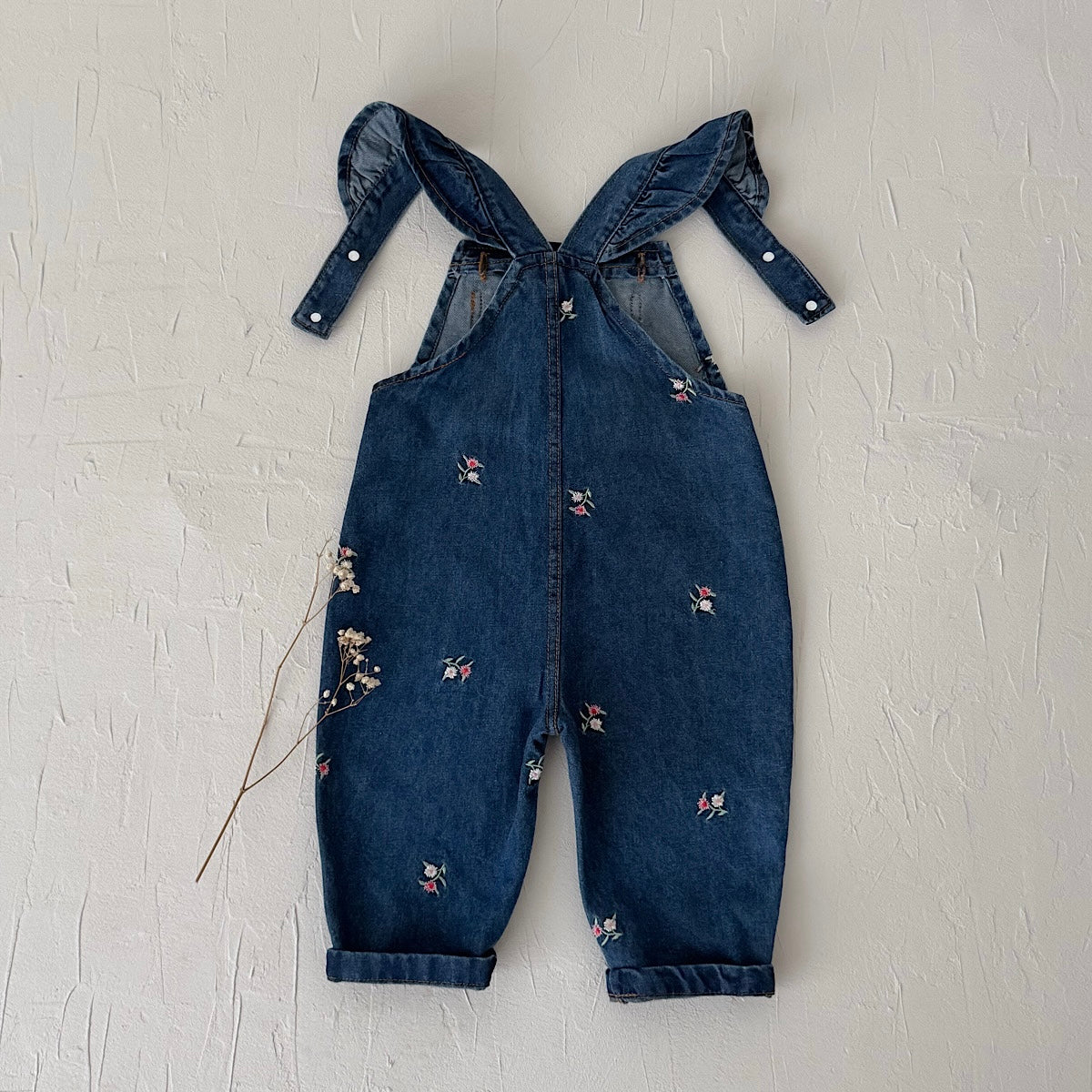 Toddler Girl Floral Embroidered Ruffle Denim Overalls
