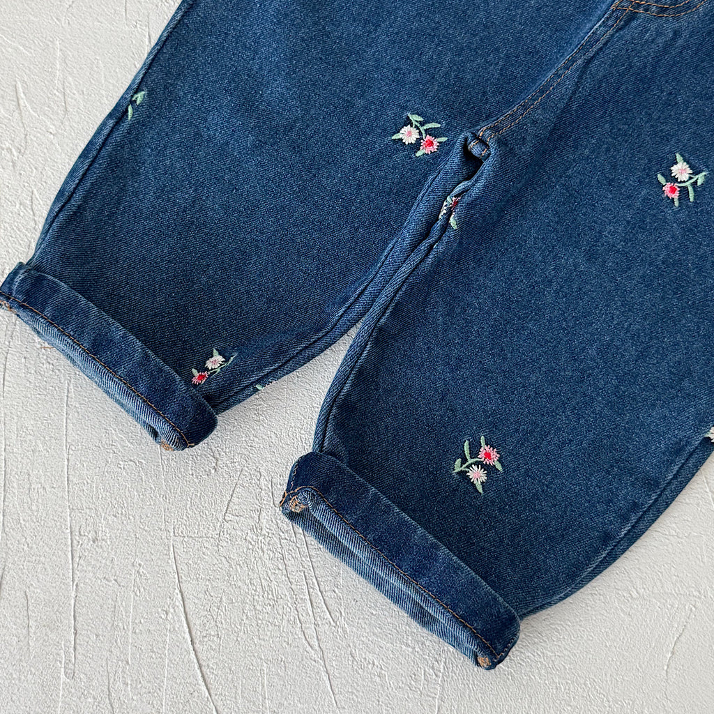 Toddler Girl Floral Embroidered Ruffle Denim Overalls