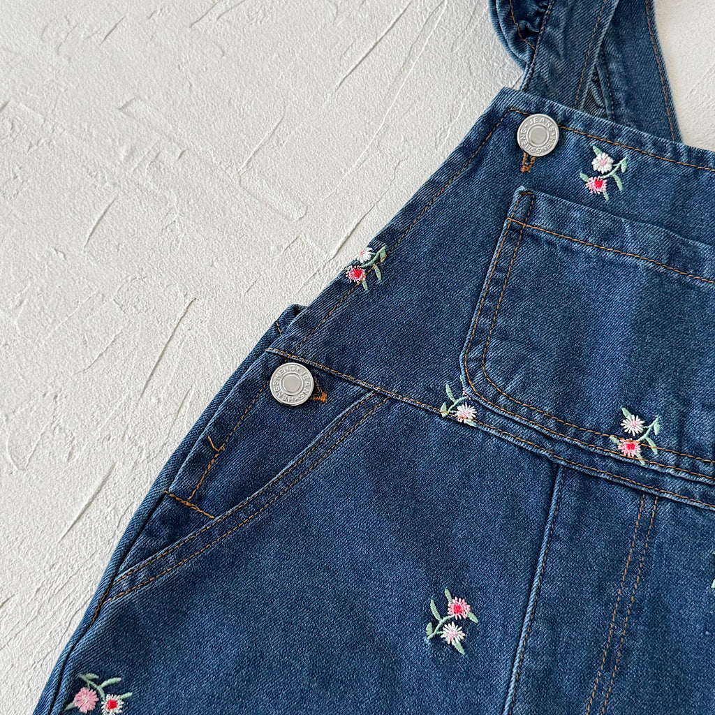 Toddler Girl Floral Embroidered Ruffle Denim Overalls