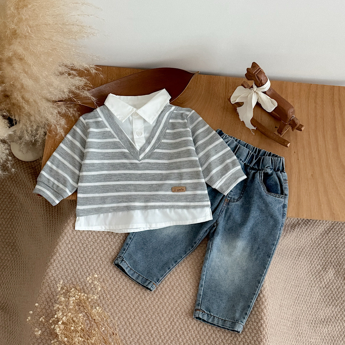 Fake Two-Piece Top & Jeans Set for Spring Autumn