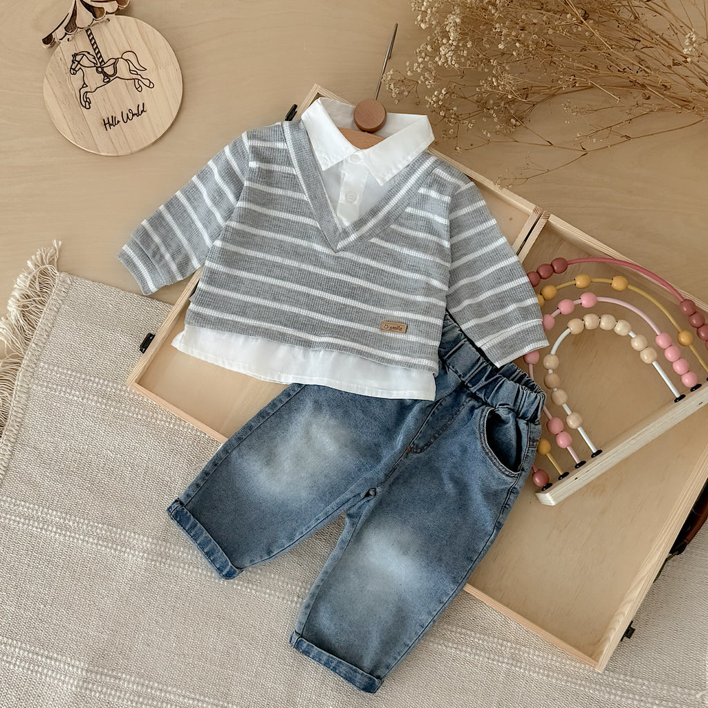 Fake Two-Piece Top & Jeans Set for Spring Autumn