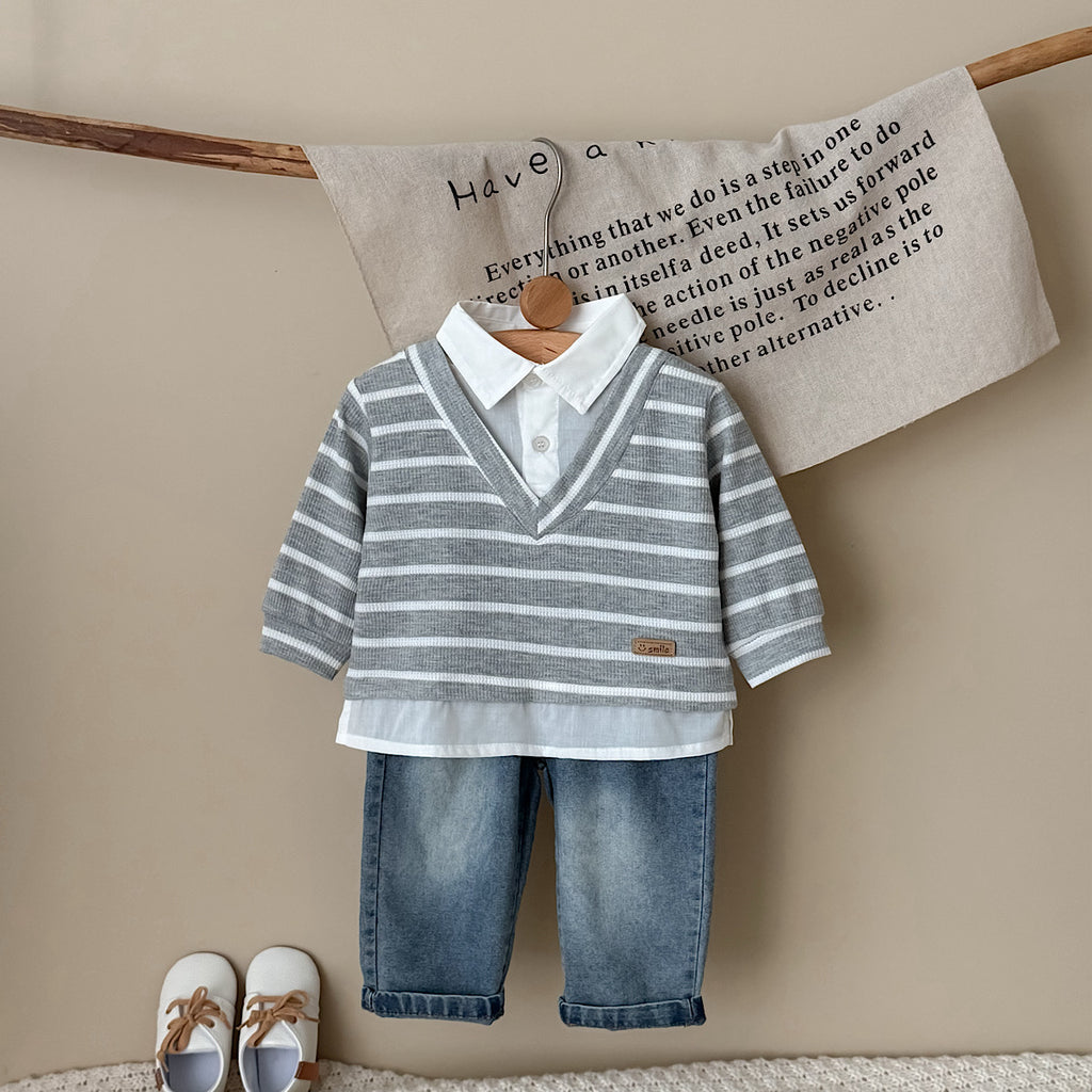 Fake Two-Piece Top & Jeans Set for Spring Autumn
