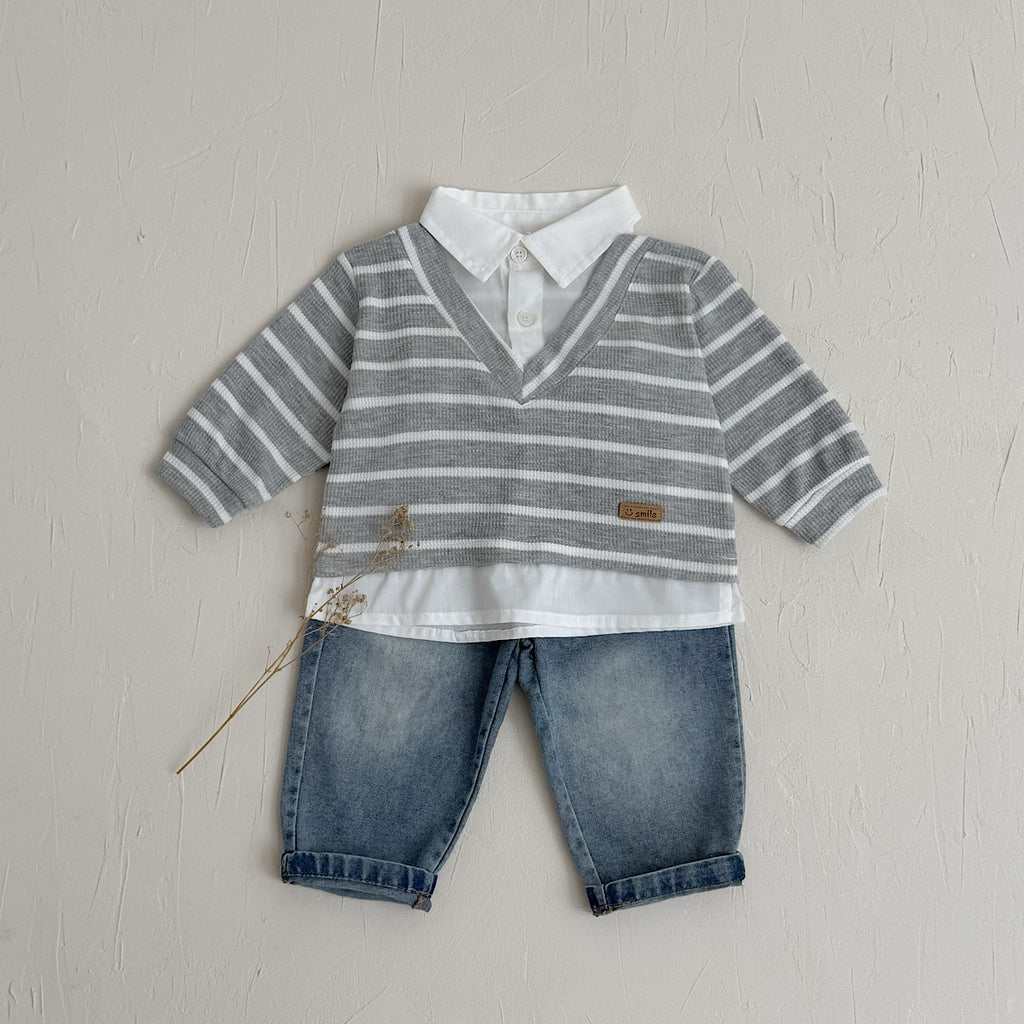 Fake Two-Piece Top & Jeans Set for Spring Autumn