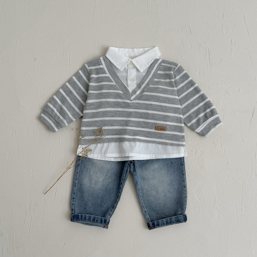 Fake Two-Piece Top & Jeans Set for Spring Autumn