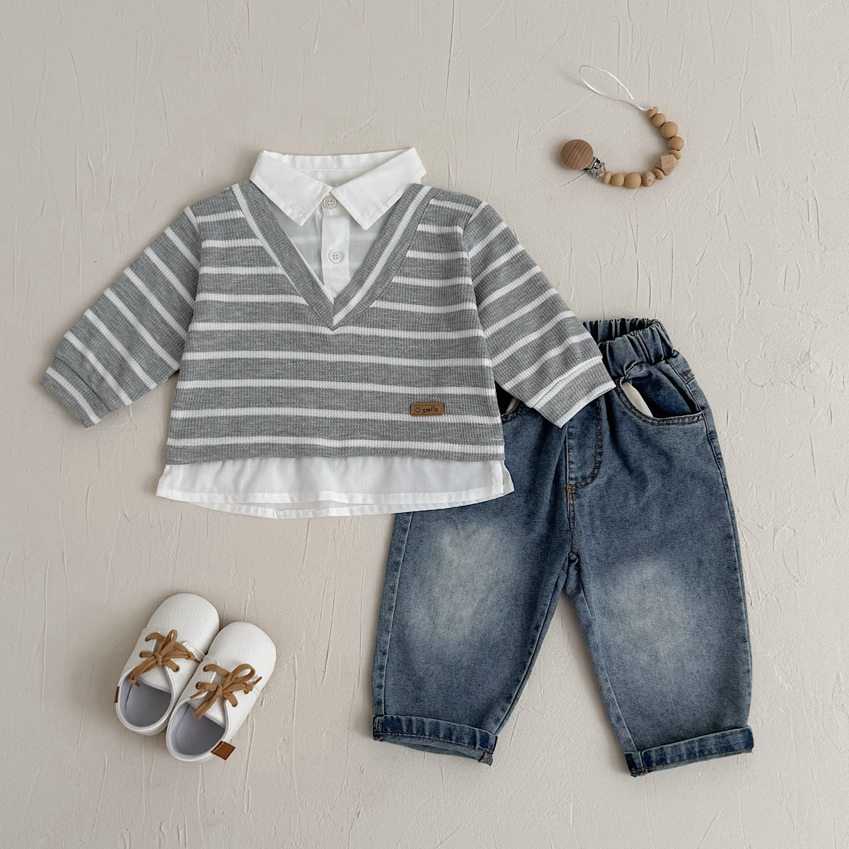 Fake Two-Piece Top & Jeans Set for Spring Autumn