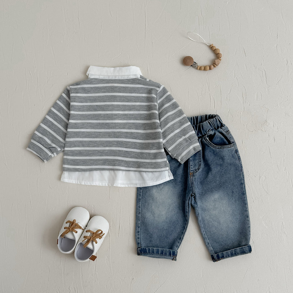 Fake Two-Piece Top & Jeans Set for Spring Autumn