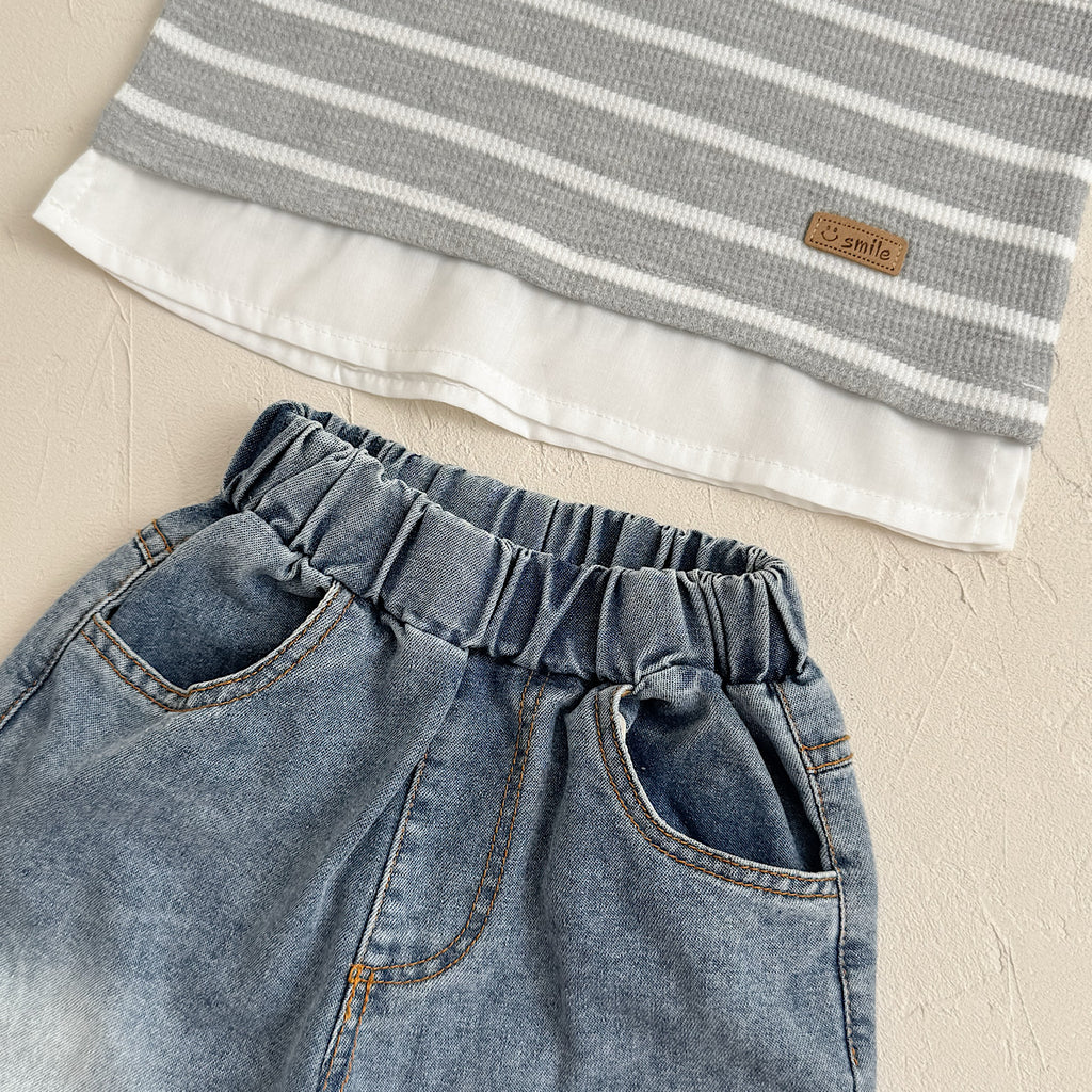 Fake Two-Piece Top & Jeans Set for Spring Autumn