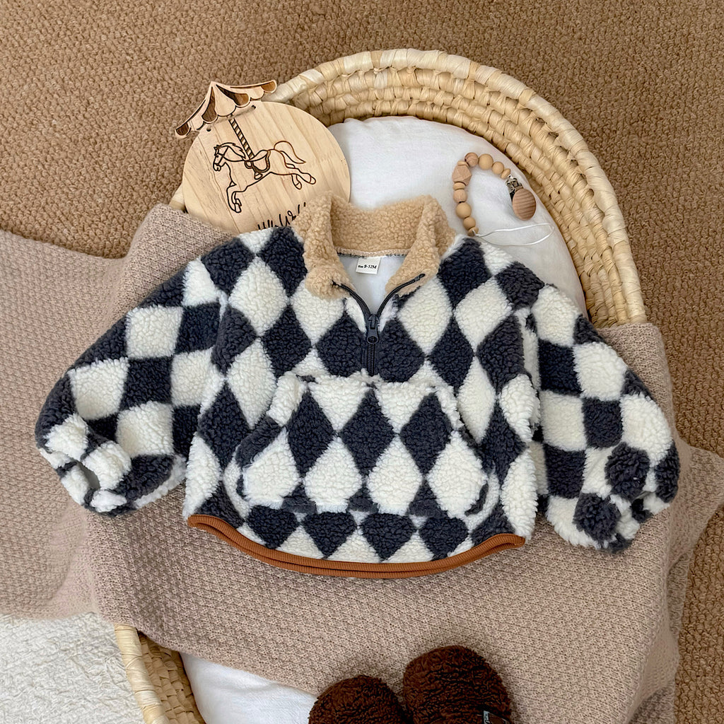 Small Diamond Pattern Fleece Top for Autumn Winter