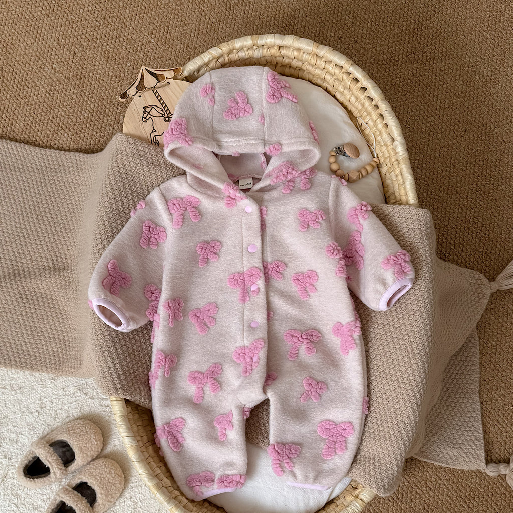 Hooded Cute Bowknot Romper for Baby Girl, Autumn Winter
