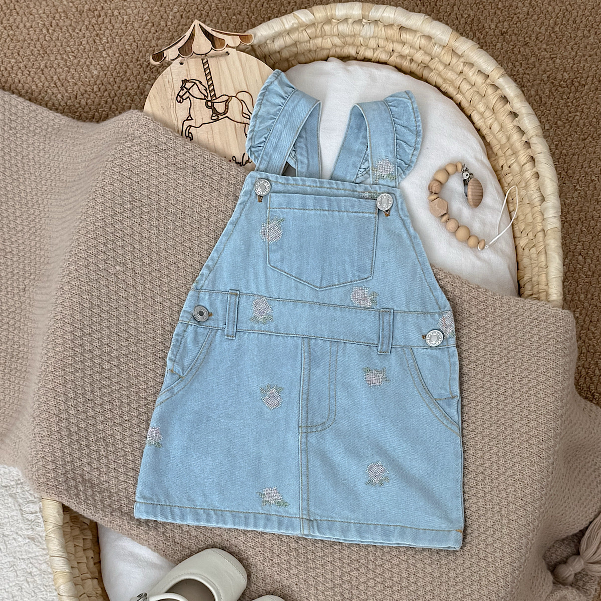 Baby Girl Ruffle Strap Strawberry Embroidered Denim Overall Dress