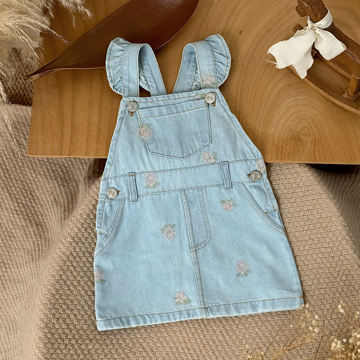 Baby Girl Ruffle Strap Strawberry Embroidered Denim Overall Dress