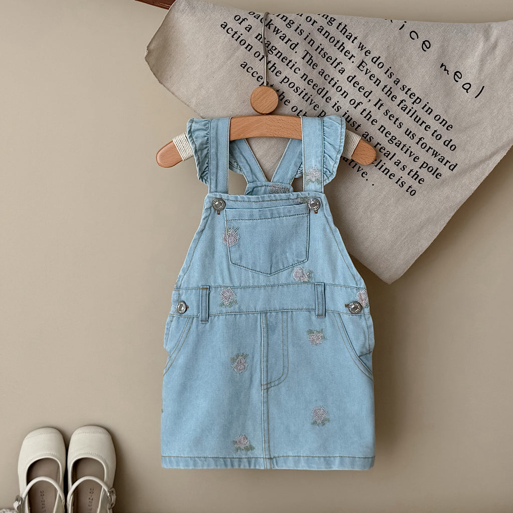 Baby Girl Ruffle Strap Strawberry Embroidered Denim Overall Dress