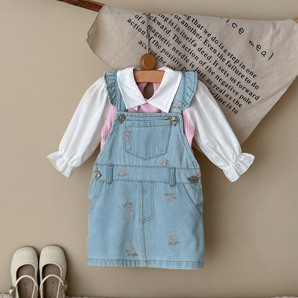 Baby Girl Ruffle Strap Strawberry Embroidered Denim Overall Dress