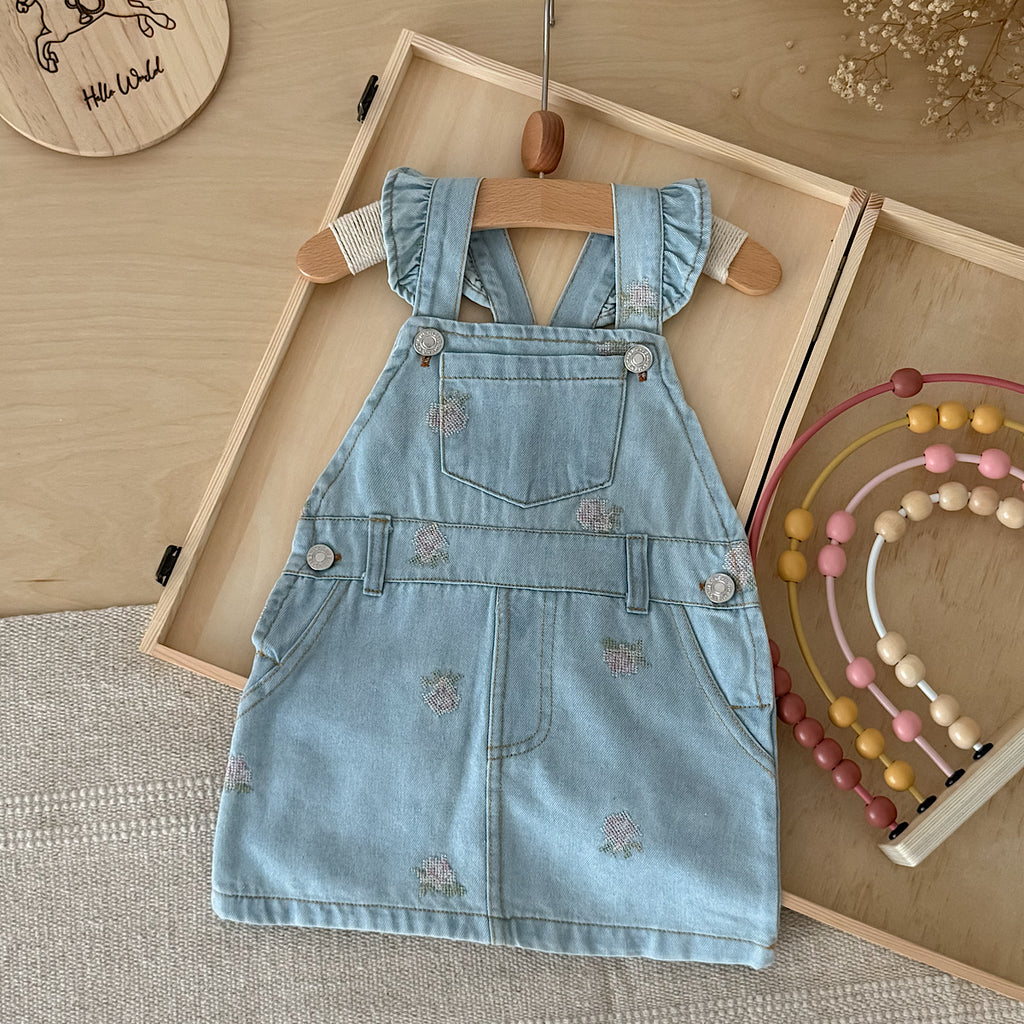 Baby Girl Ruffle Strap Strawberry Embroidered Denim Overall Dress