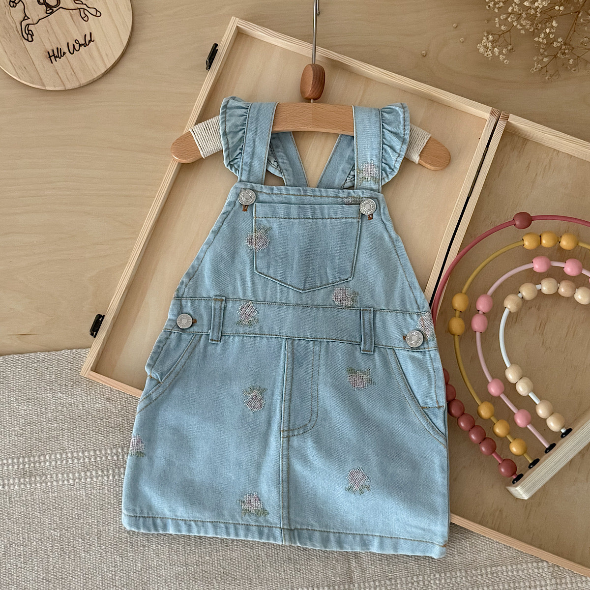 Baby Girl Ruffle Strap Strawberry Embroidered Denim Overall Dress
