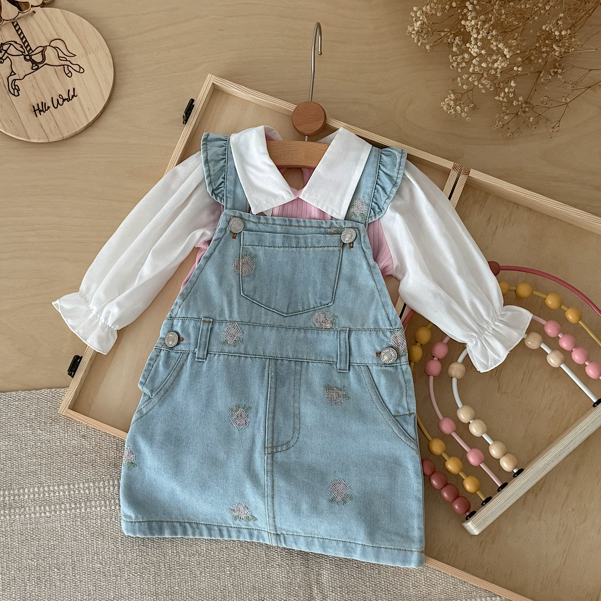 Baby Girl Ruffle Strap Strawberry Embroidered Denim Overall Dress