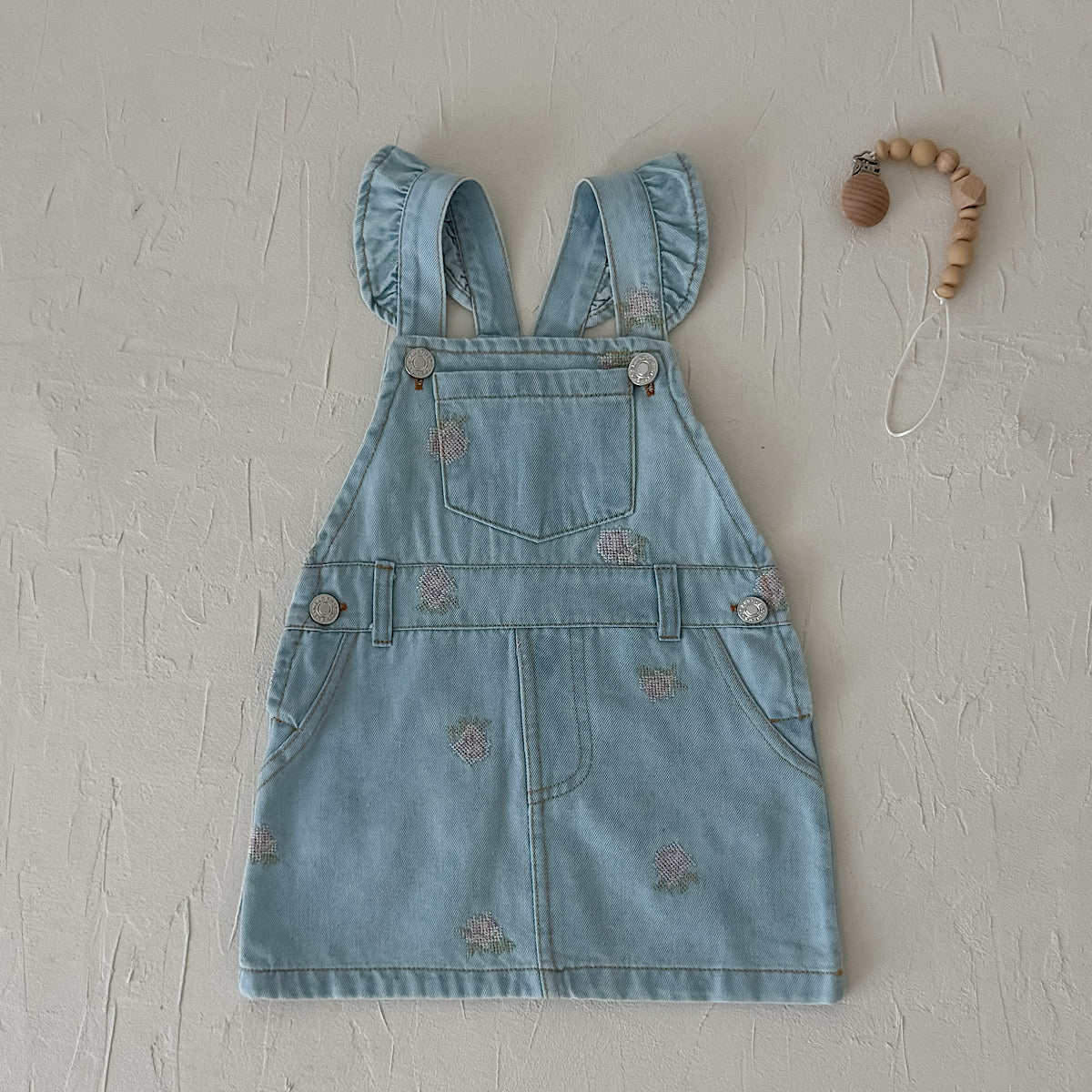 Baby Girl Ruffle Strap Strawberry Embroidered Denim Overall Dress