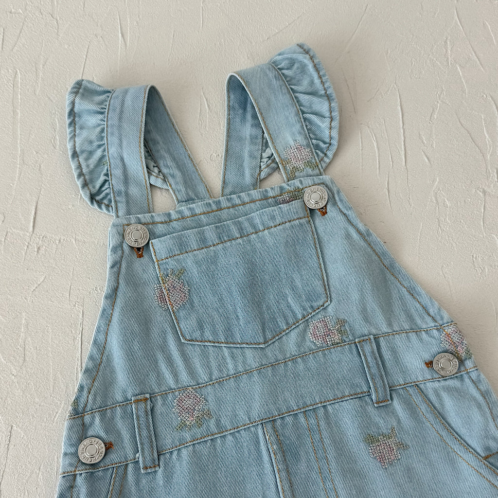 Baby Girl Ruffle Strap Strawberry Embroidered Denim Overall Dress