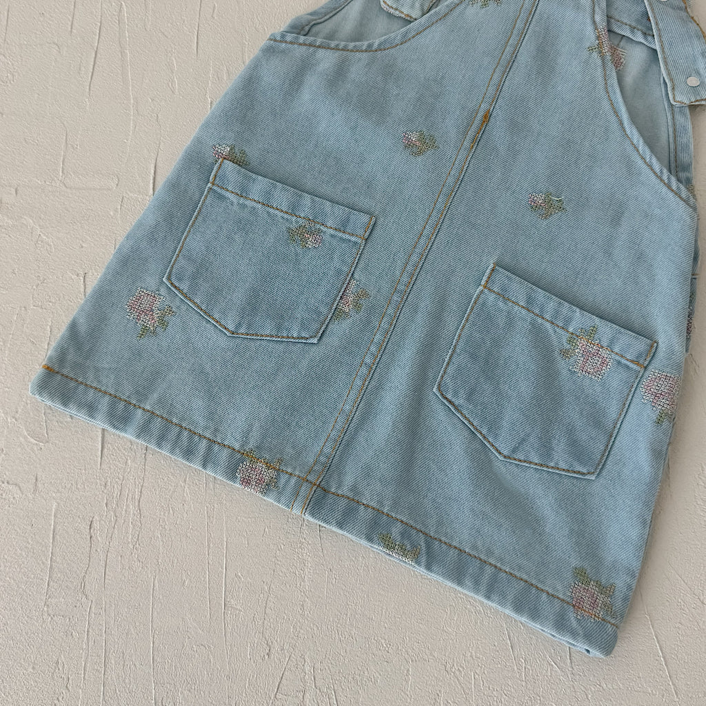 Baby Girl Ruffle Strap Strawberry Embroidered Denim Overall Dress