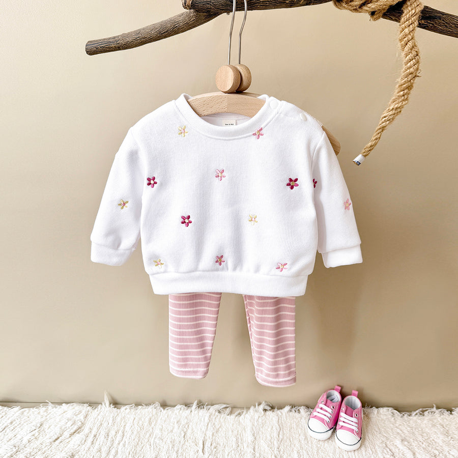 Cute Baby Girl Outfit, Allover Floral Sweatshirt With Pink Striped Pants
