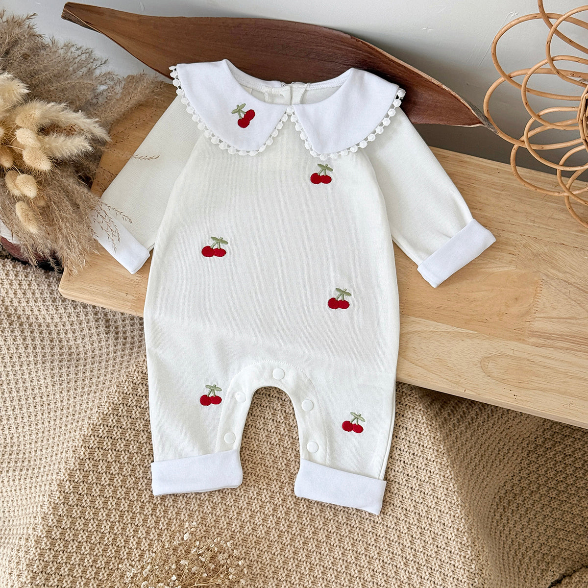 Baby Cherry Embroidered Long Sleeve Romper Jumpsuit 1-18Months