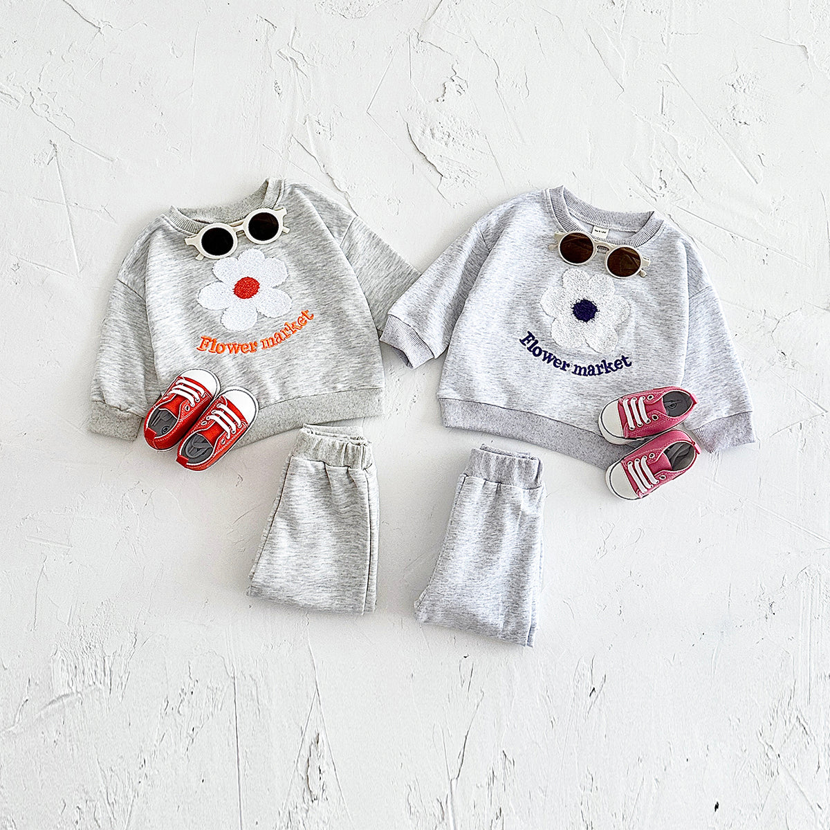 Neutral Baby Flower Embroidery Pattern Sports Set 1-4 Years Old