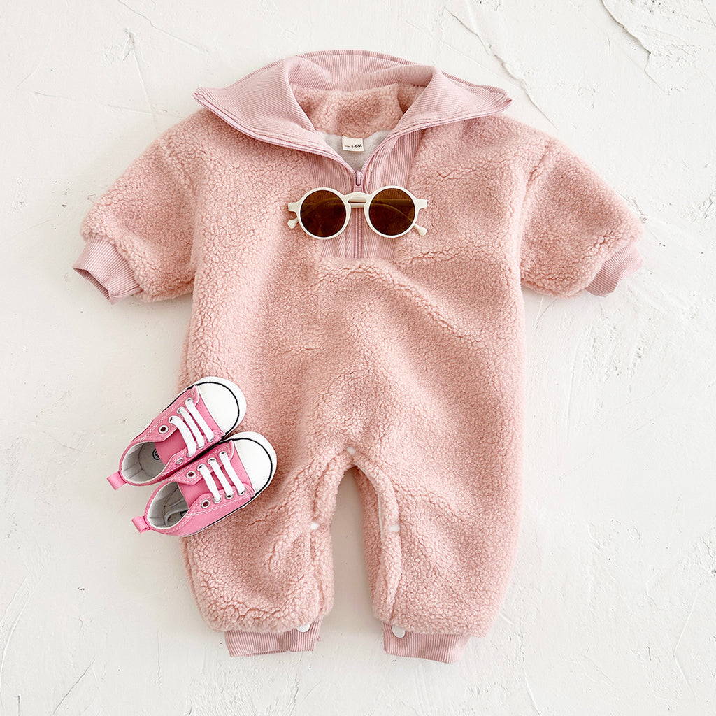 Baby Boy Girl Collar Sherpa Romper, Half Zip Winter Infant Outfit