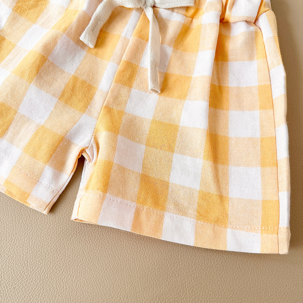 Summer Yellow Plaid Shorts & Pear Print Short Sleeve T-shirt
