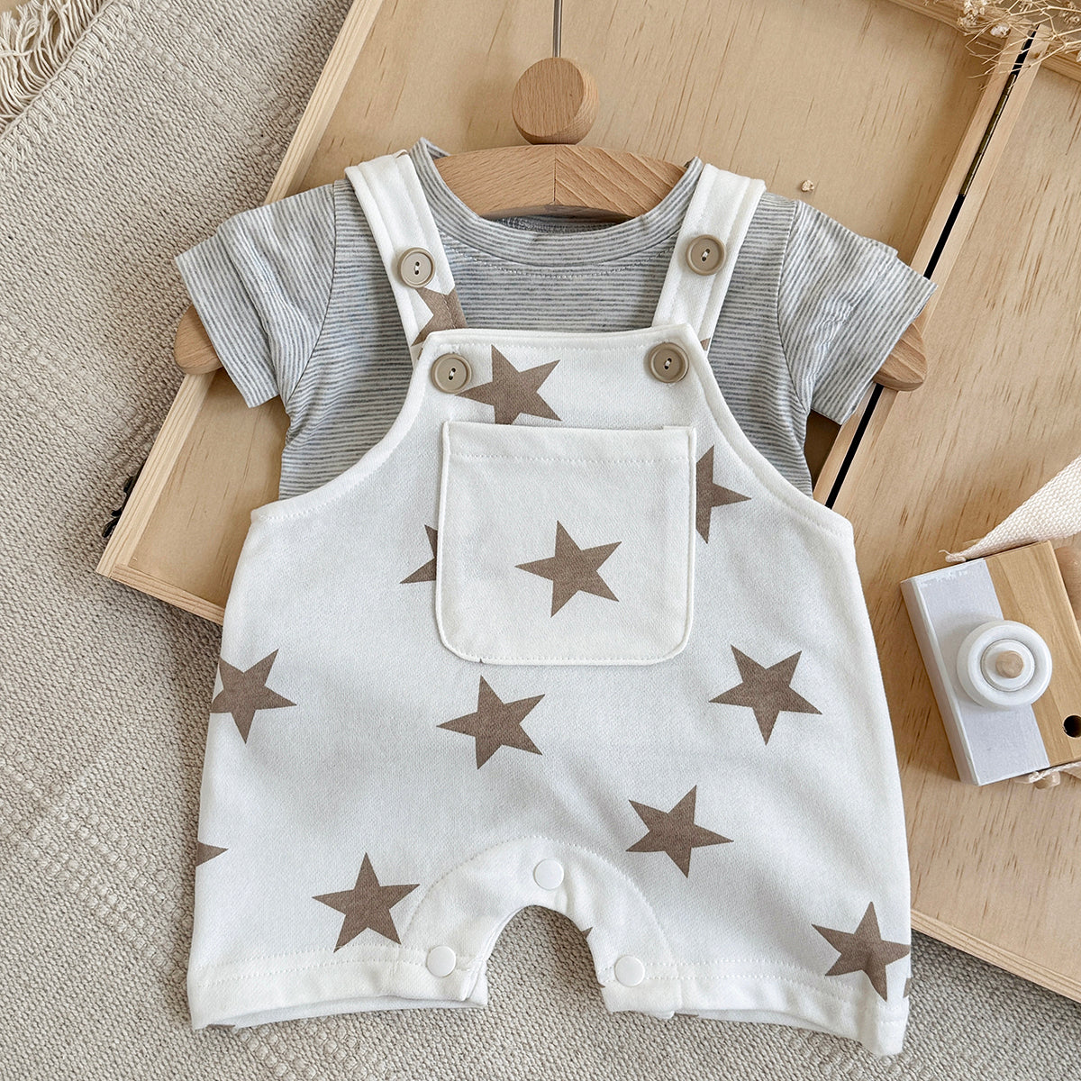 Star Print Baby Overalls 2Pcs Set Striped Short Sleeve Tee