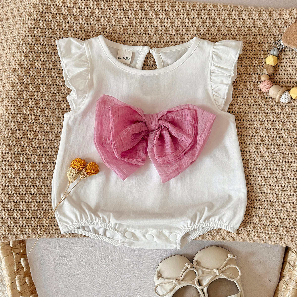 Baby Girl Ruffle Sleeve Bodysuit with Pink Big Bow