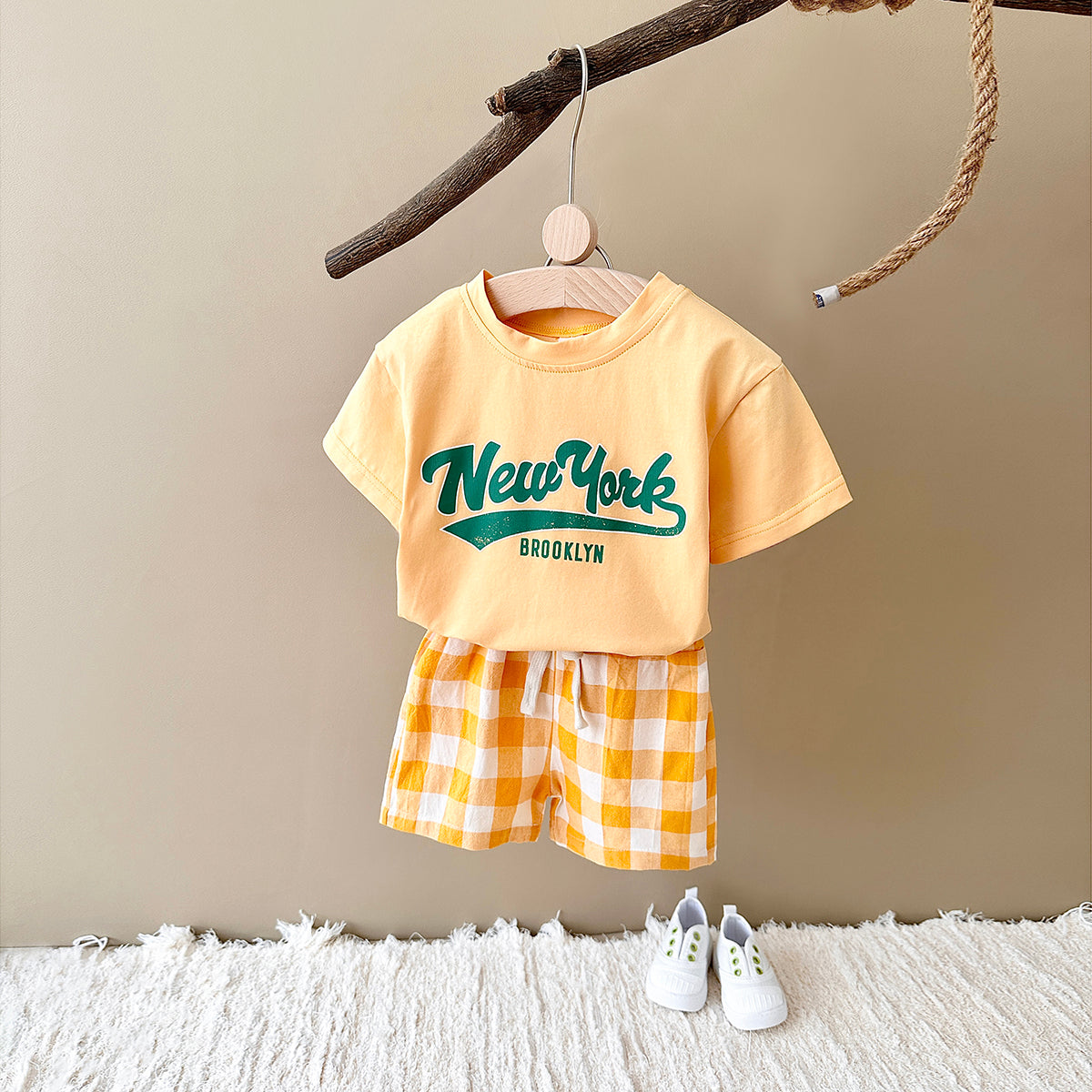 Summer Letter Print Short Sleeve T-shirt & Plaid Shorts