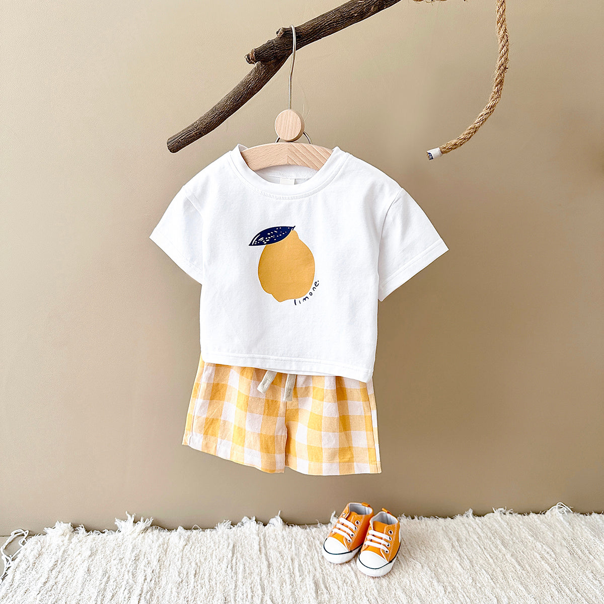 Summer Yellow Plaid Shorts & Pear Print Short Sleeve T-shirt