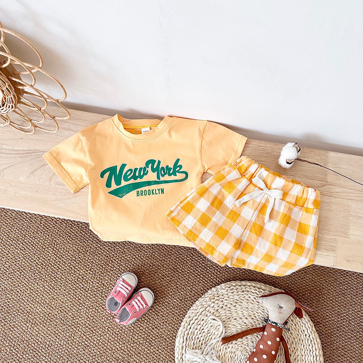 Summer Letter Print Short Sleeve T-shirt & Plaid Shorts