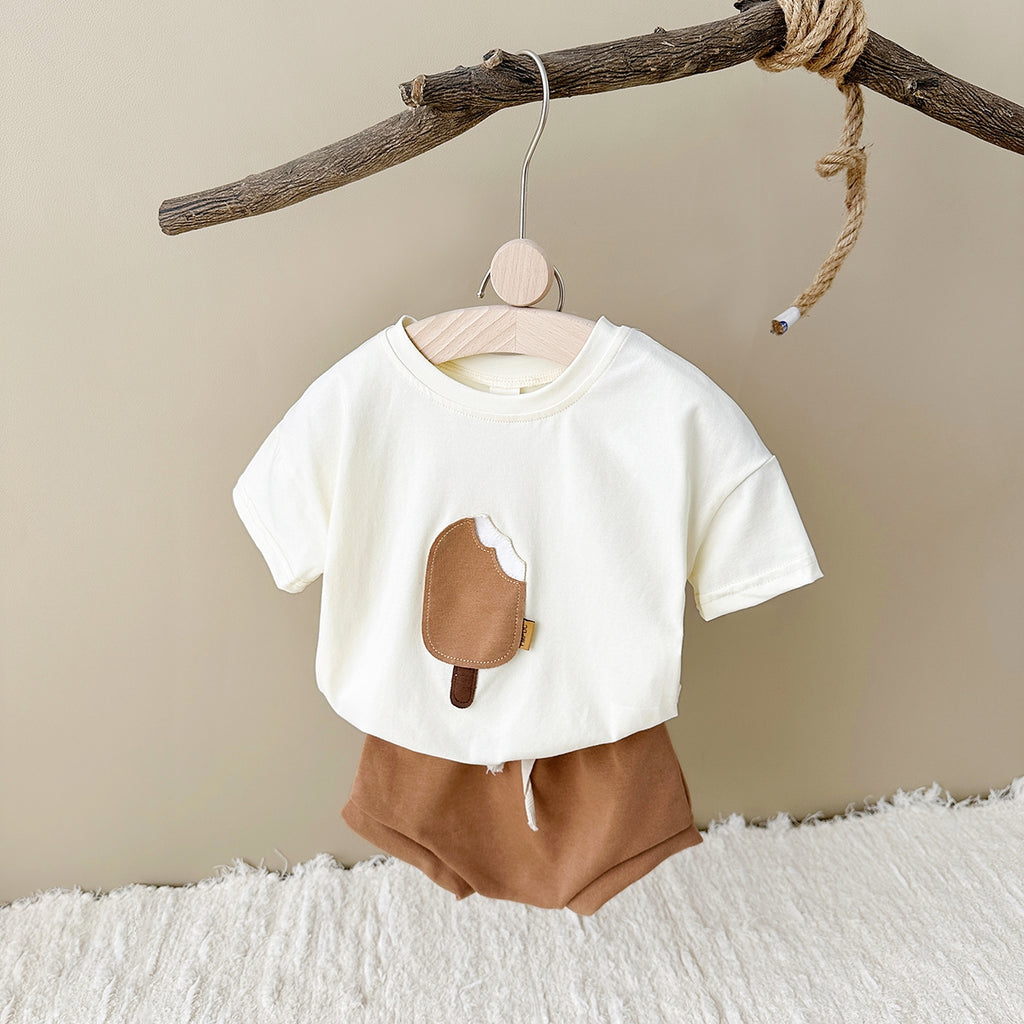 Summer Cute Ice Cream Applique Short Sleeve T-shirt & Shorts