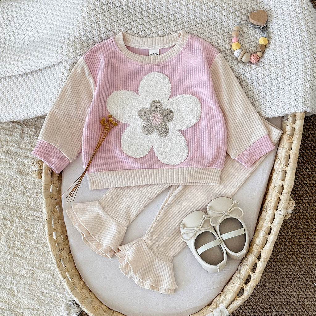Baby Girl 3D Flower Embroidered Ribbed Long Sleeve Top and Ruffle Flared Pants Set Autumn 0-3 Years Old
