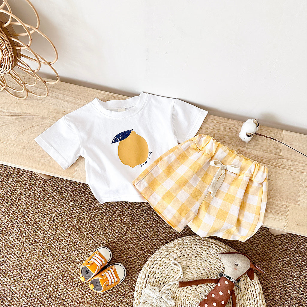 Summer Yellow Plaid Shorts & Pear Print Short Sleeve T-shirt