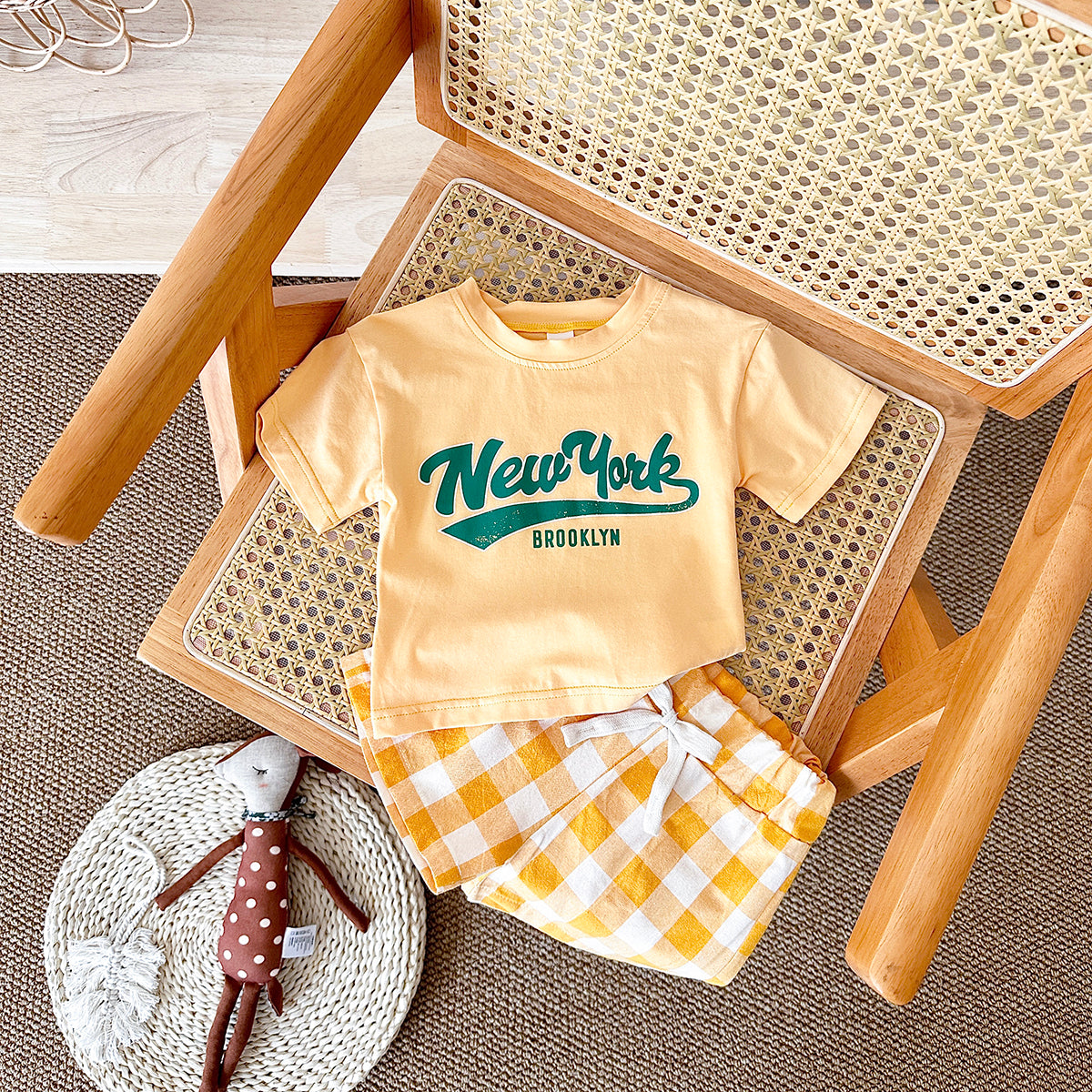 Summer Letter Print Short Sleeve T-shirt & Plaid Shorts
