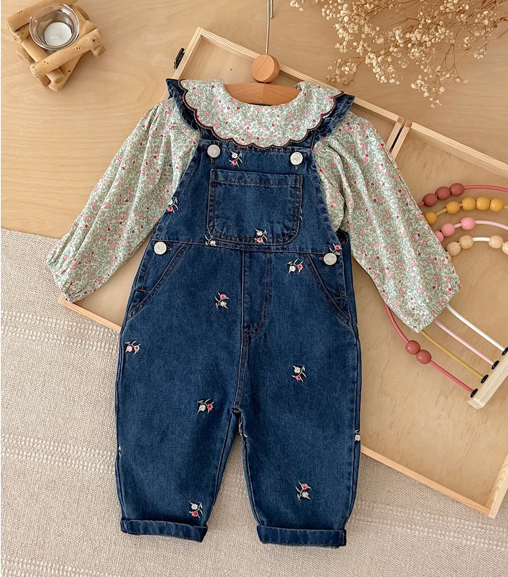 Toddler Girl Floral Embroidered Ruffle Denim Overalls