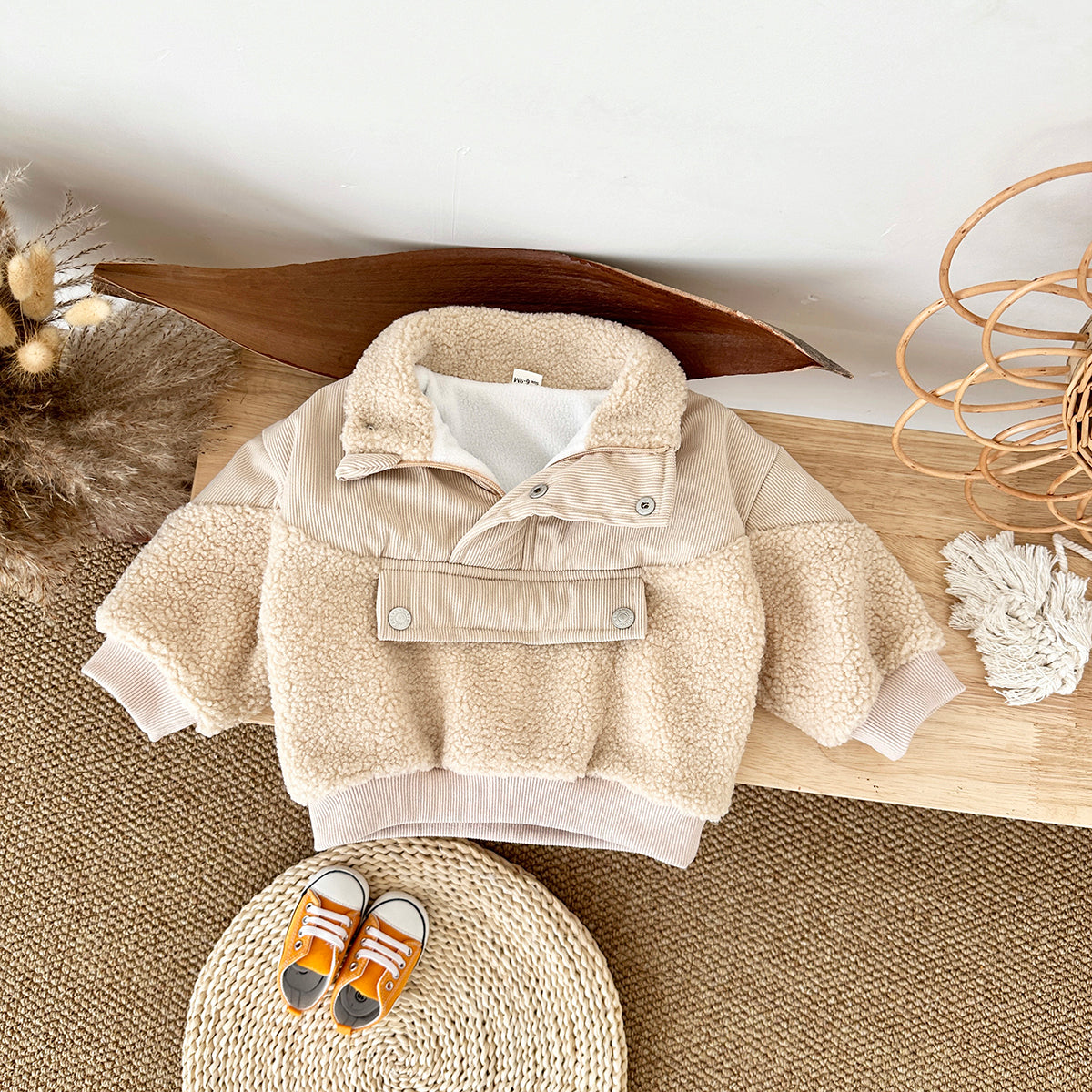 Cute Baby Sherpa Spliced Coat, Corduroy Kids Top With Front Pocket