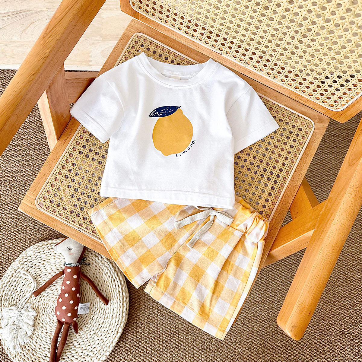 Summer Yellow Plaid Shorts & Pear Print Short Sleeve T-shirt