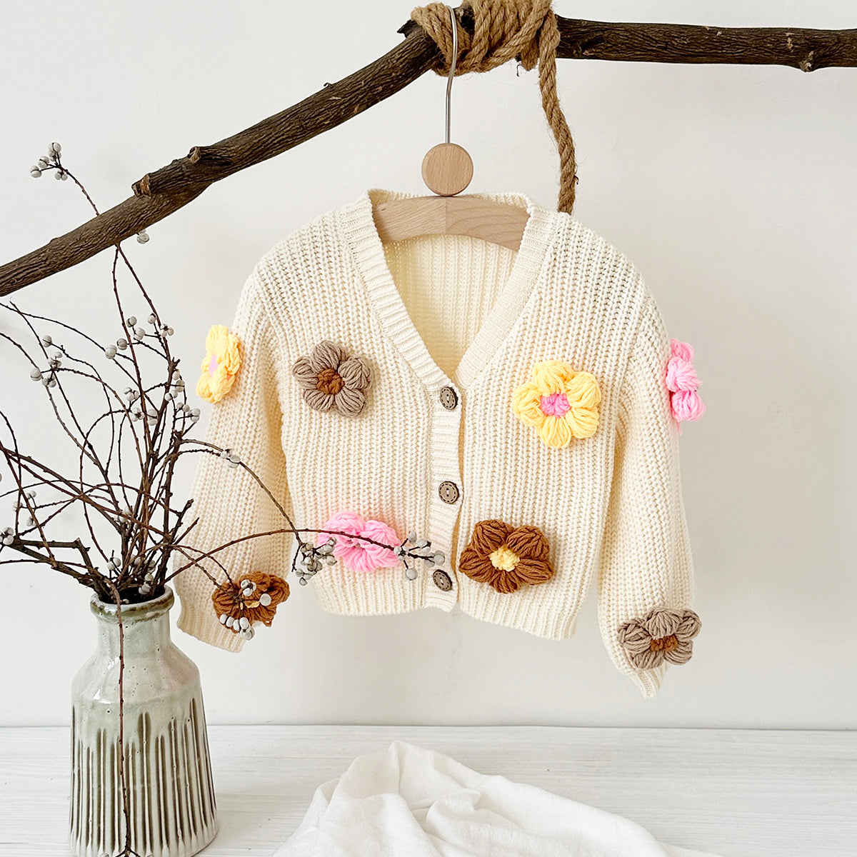Cute Baby 3D Color Flower Cardigan, Soft Thick Knit Girls Outerwear